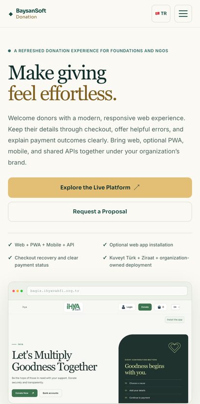 BaysanSoft Donation Platform product site on a phone